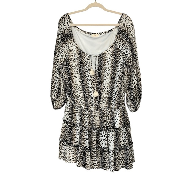 Hummingbird‎ boho leopard ruffle tiered mini dress with tassel tie. Size L - Picture 1 of 9